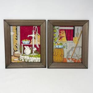 VTG Framed Folk Art Farm Chores Red‎ Barn Printed Felt Painting Pair Retro
